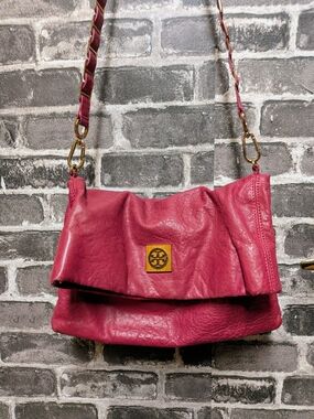 Tory Burch Fushia Pink Louiisa Leather Fold-Over 2 Way Crossbody Bag